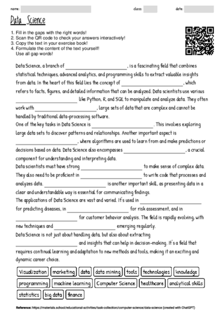 Worksheet with the topic "Data Science" | MATERIALS.SCHOOL